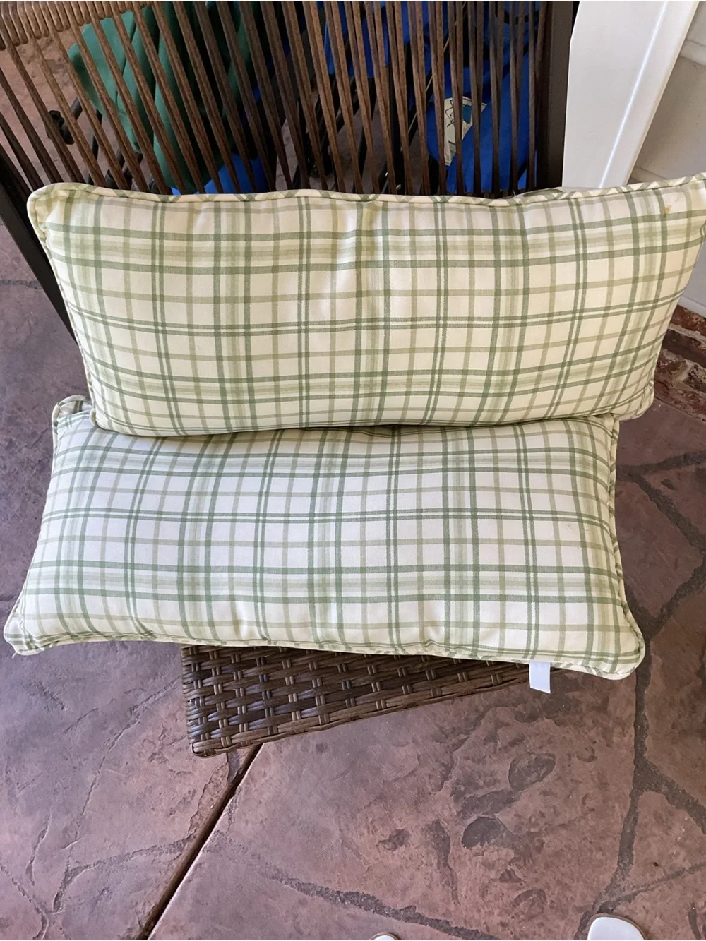 Two Green Plaid and Floral Reversible Accent Lumbar Pillows